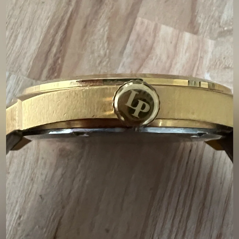 Lucien Piccard Luxury Large Gold-Tone Case Watch Brown Leather Strap White Dial